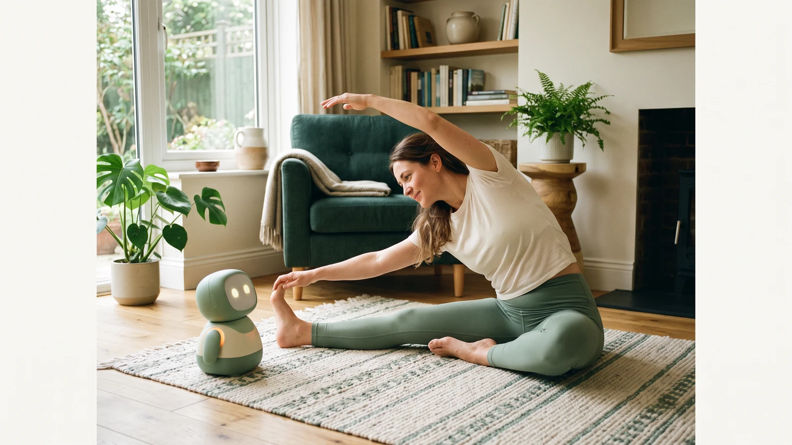 An adult stretching at home beside a small friendly AI companion robot.